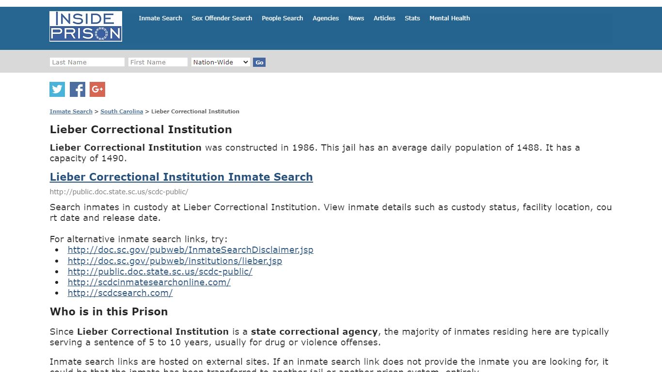 Lieber Correctional Institution - South Carolina - Inmate Search