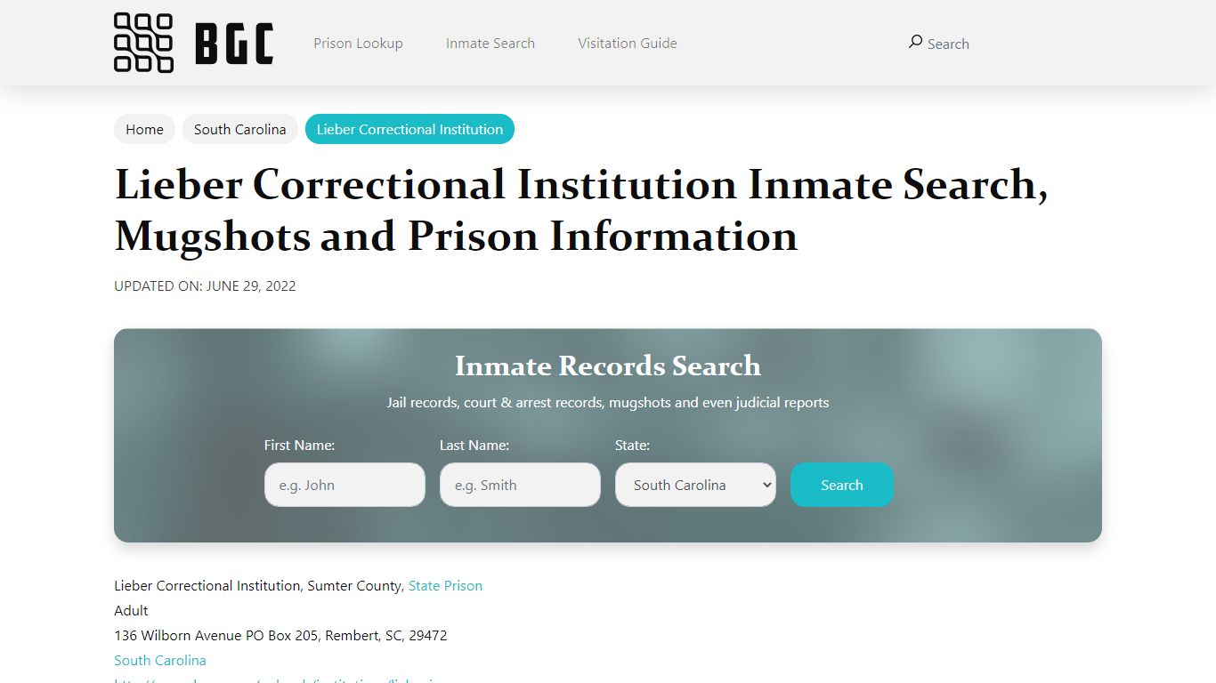 Lieber Correctional Institution Inmate Search, Mugshots , Visitation ...